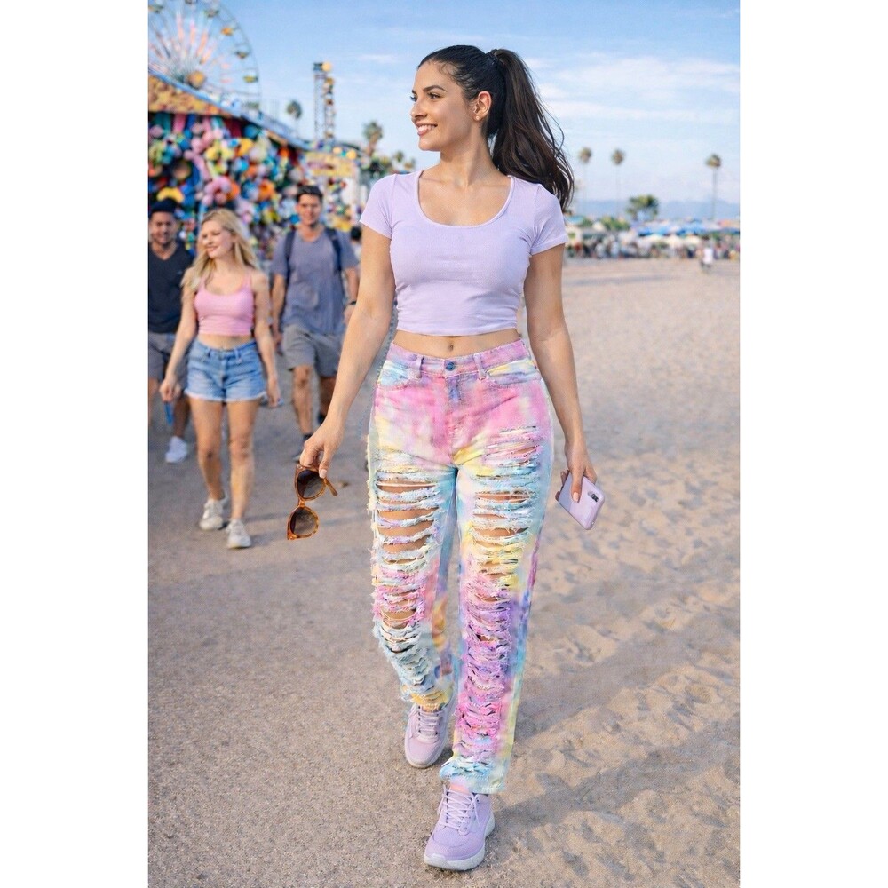 NWT Unicorn Tie Dye Distressed Jeans Sz S Rainbow Streetwear Dance American Bazi